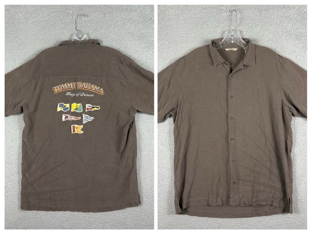 Tommy Bahama Silk Shirt Men's Medium Brown Flags Of Leisure Resort Beach Travel